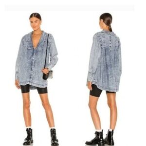Free People Charlie Slouchy Denim Shirt Jacket Acid Wash Blue Peter Pan Collar